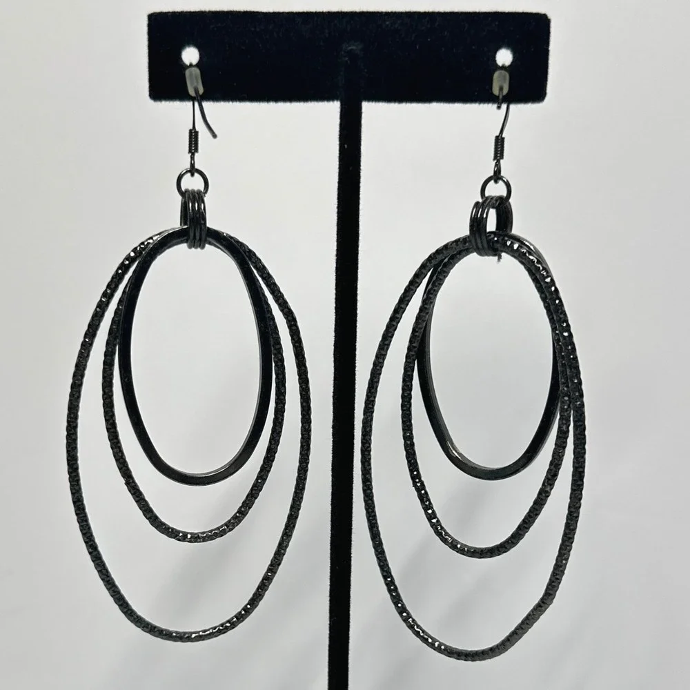 Black Triple Hoop Dangle Earrings Layered Gunmetal Boho Statement‎